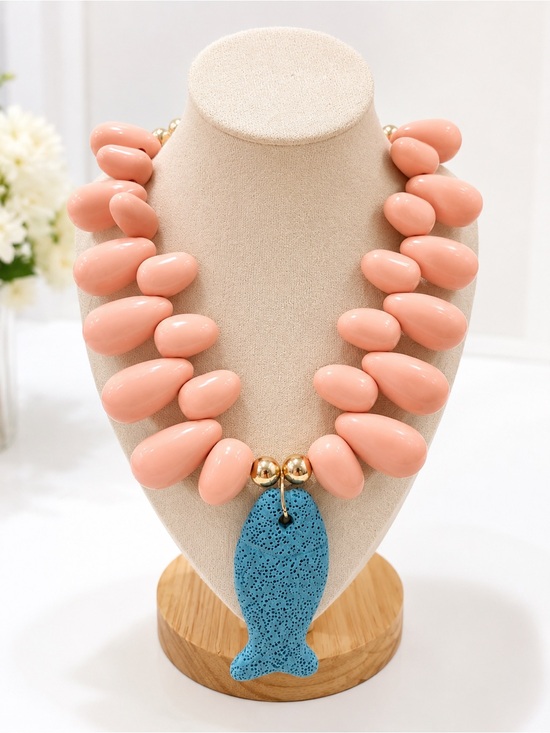 None Jewelry - Handmade Pink Statement Necklace with Blue Fish Pendant & Gold Accents. NWOT